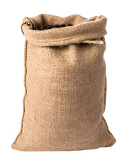 tall burlap sack filled with roasted coffee beans on isolated background, rustic jute packaging for cafe branding and product display

