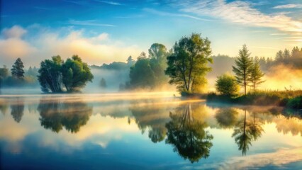 Tranquil morning mist rising over a serene lake with reflections of the sky, trees, and clouds in the still water