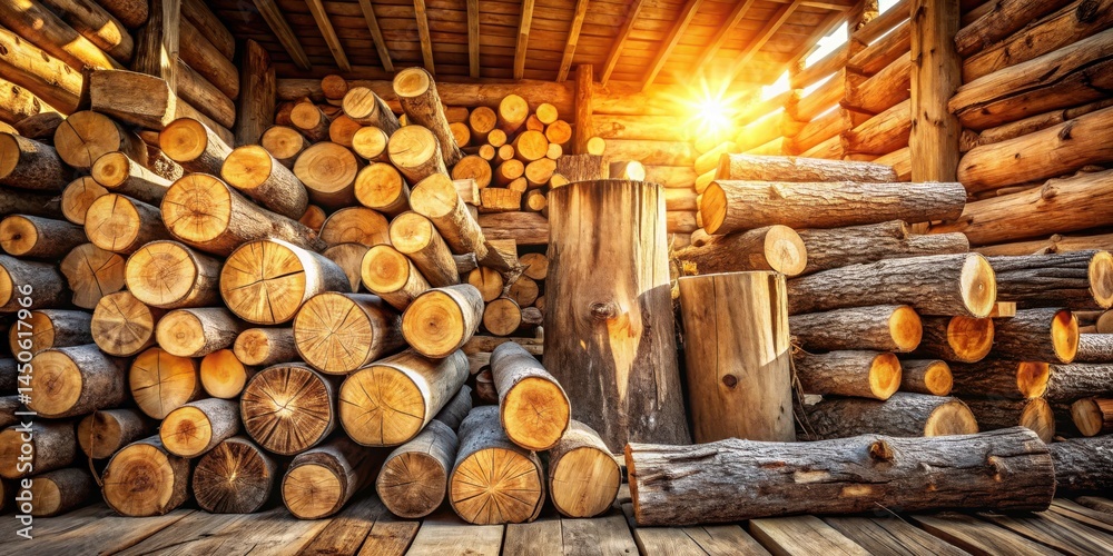 Aufkleber A rustic log cabin interior, showcasing neatly stacked logs bathed in warm sunlight, creating a sense of warmth and tranquility.
