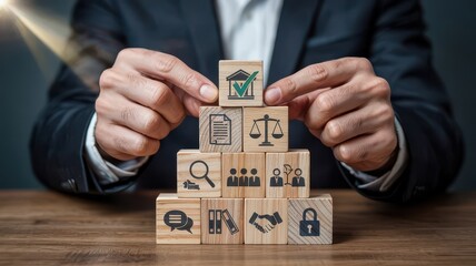 Business strategy concepts represented by wooden blocks.