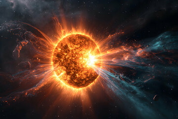 Fototapeta premium A dynamic illustration of a star emitting flares within a cosmic nebula. Use it for space-themed digital art wallpapers or educational projects. Enhance science content.