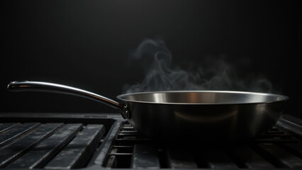 A stainless steel skillet on a gas stove with steam rising from its contents.