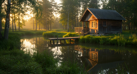 Obraz premium Picturesque Cabin Retreat Along Tranquil Lake Shores at Sunrise