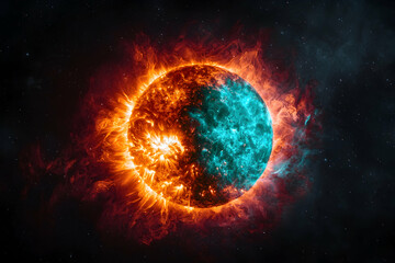 A vibrant image of a celestial body split in two halves one burning orange the other cool blue. Great for futuristic backgrounds or artistic designs.