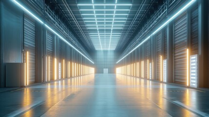 Fototapeta premium Sustainable concept of energy storage system inside a high-tech industrial facility, powered by solar and wind to reduce environmental impact.
