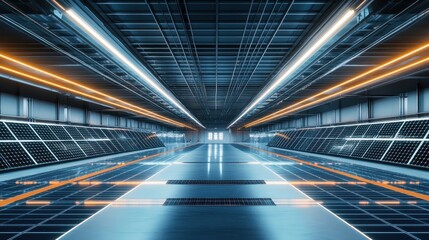 Sustainable concept of energy storage system inside a high-tech industrial facility, powered by solar and wind to reduce environmental impact.