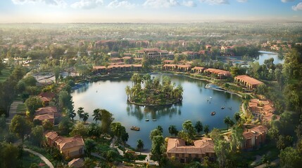 Fototapeta premium Aerial view of a resort community by a lake