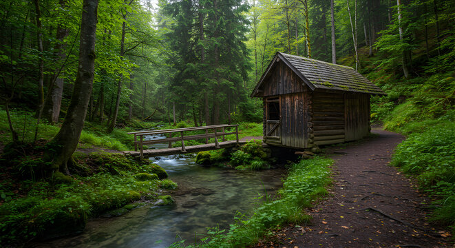 Rustic Cabin Retreat Nestled Along Calm Creek Surrounded by Lush Forest