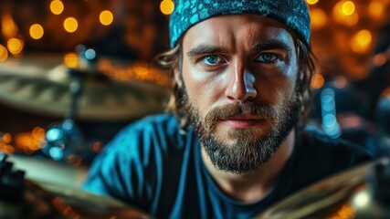 Fototapeta premium Musician with drums and lights in the background