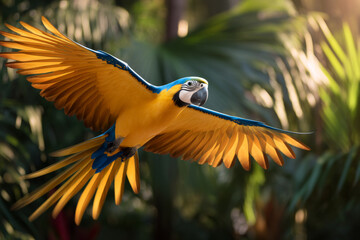 Colorful parrot flying in tropical jungle with vibrant wings and sunlight shining through trees