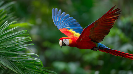 Colorful scarlet macaw flying through lush green jungle with wings wide open