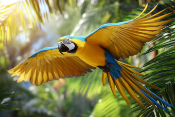 Colorful blue and yellow macaw flying joyfully through tropical jungle sunlight