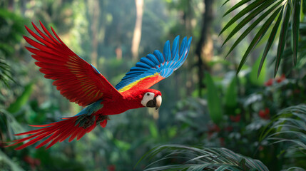 Colorful red and blue parrot flying freely in lush tropical rainforest jungle