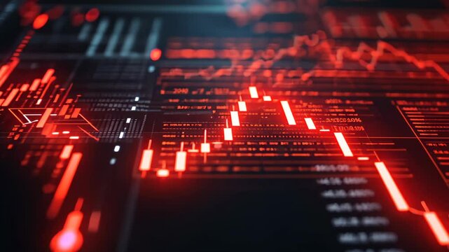 Dynamic financial data with animated charts and technological fx in red and black theme