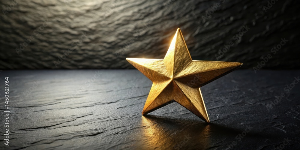 Poster a solitary gold star shines brightly on a textured black surface, reflecting light and casting a sof