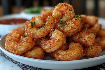 Spicy, golden-brown shrimp, piled high on a plate