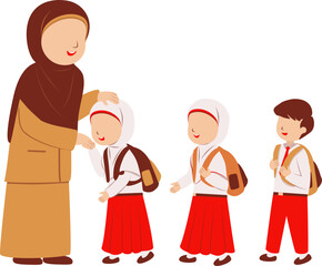 Muslim Mother Preparing Her Children for School