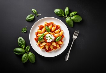 Pasta shells with ricotta and spinach, baked in tomato sauce