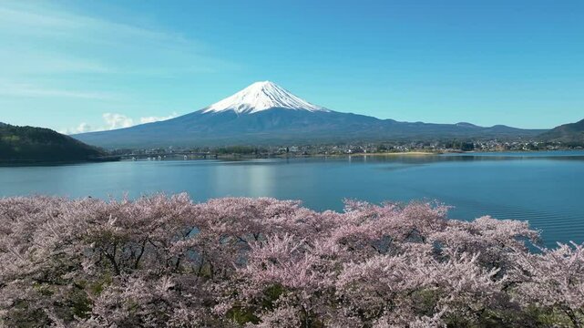Drone aerial photography of Lake Kawaguchi and Mt. Fuji