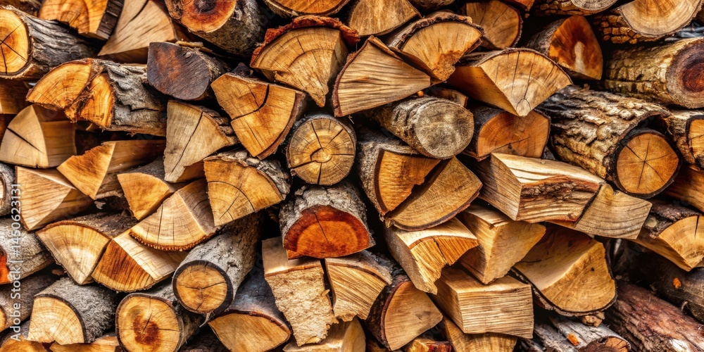 Poster a close-up of a stack of firewood, showcasing the intricate grain patterns and warm hues of the wood