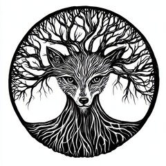 illustration of a wolf silhouette formed with tree roots and branches on a white background