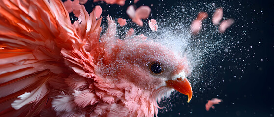 A stunning image of a bird with vibrant pink feathers. It is covered in a glittering substance resembling sparkling dust or powder. Great for artistic posters.
