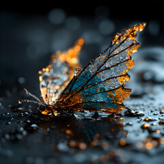 A delicate butterfly rests drenched in water. Its wings display vibrant colors capturing a sense of fragility and beauty. Ideal for nature-themed art.