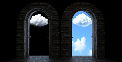 Two doors, one dark, one bright, representing choices