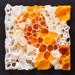 Abstract artwork featuring a honeycomb-like structure. It could be used as a unique decorative element or as inspiration for architectural designs.