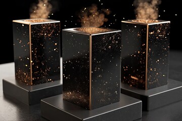 Three dark, square, metallic objects, with gold speckles and smoke rising from the top, sit on dark pedestals