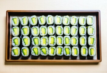 A tray of sushi rolls on a wooden table.