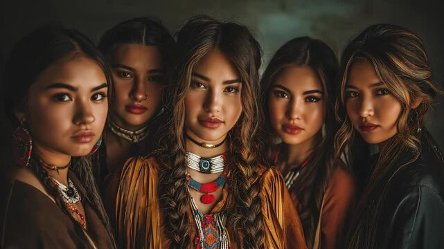 Group of beautiful attractive indigenous Native American young women looking at the camera.	