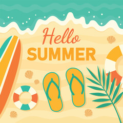 Hello summer vector illustration with beach background, flip flops, surfboard, lifebuoys, sea waves, and tropical leaves