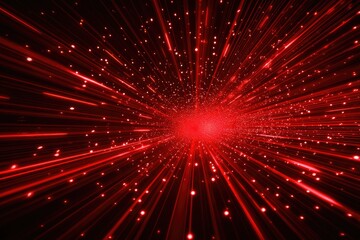 Red light streaks radiate outward from a central point in a dark background.  Small red dots scattered throughout