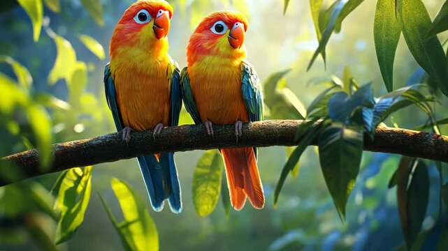 Colorful parrots perched on branch in sunny jungle setting