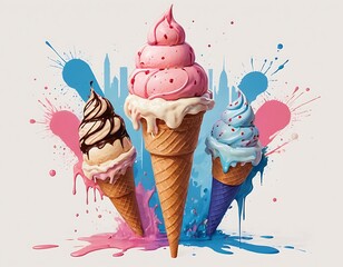 Three Ice Cream Cones of Different Flavors: Chocolate, Strawberry and Blueberry. Colored Spots on the Background
