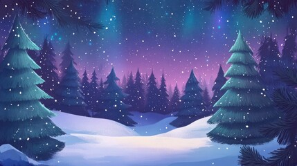 A winter wonderland scene with falling snow and evergreen trees.