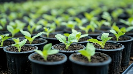 Seedlings in pots. Growth, agriculture, and new life.