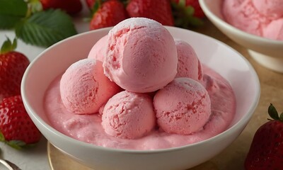 Strawberry Ice Cream in a White Dessert Plate, Fresh Strawberries Next to It