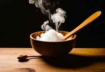 A wooden bowl with a wooden spoon in it.