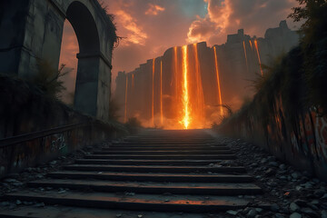 A lava flow is coming out of a volcano and is surrounded by a stone archway