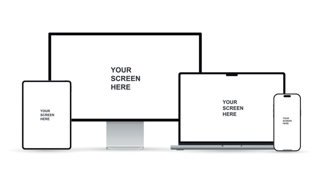 Realistic set of monitor, laptop, tablet, and smartphone. Modern digital devices collection. Vector illustration isolated on white background.
