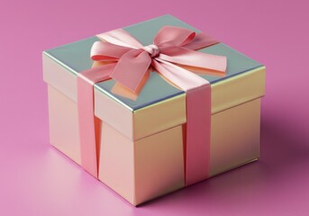 Fototapeta premium Wrapped gift box with pink ribbon on pink background
