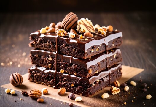 A stack of brownies with nuts on top of them.