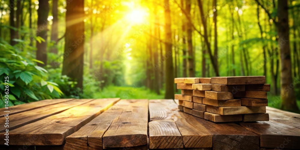 Aufkleber wooden planks on a table in a forest with bright sunlight shining through the trees