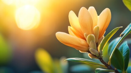 Fototapeta premium Yellow flower in sunlight close up