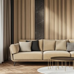 A living room with a tan couch and a black coffee table. The couch is covered in pillows and the coffee table is made of metal. The room has a warm and inviting atmosphere