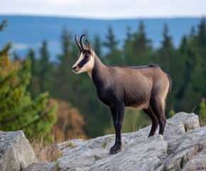 Chamois Rupicapra rupicapra, on a rocky hill, forest in the background