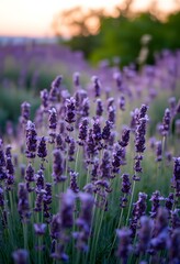 Naklejka premium Lavender Garden Sunset. Purple Flowers Gently Sway In A Warm Breeze. Soft Light Shines Across The Field. A Beautiful Serene Landscape For Contemplation And Peace.