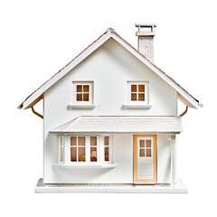 Detailed model of a modern white house with a pitched roof, chimney, multiple , and a front door, overlooking a simple residential architectural design